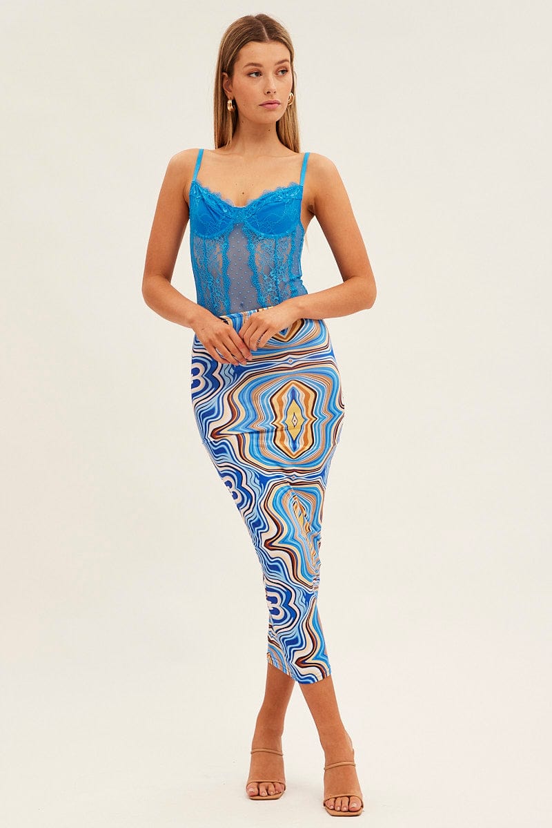 Blue Abstract Abstract Midi Skirt for Ally Fashion