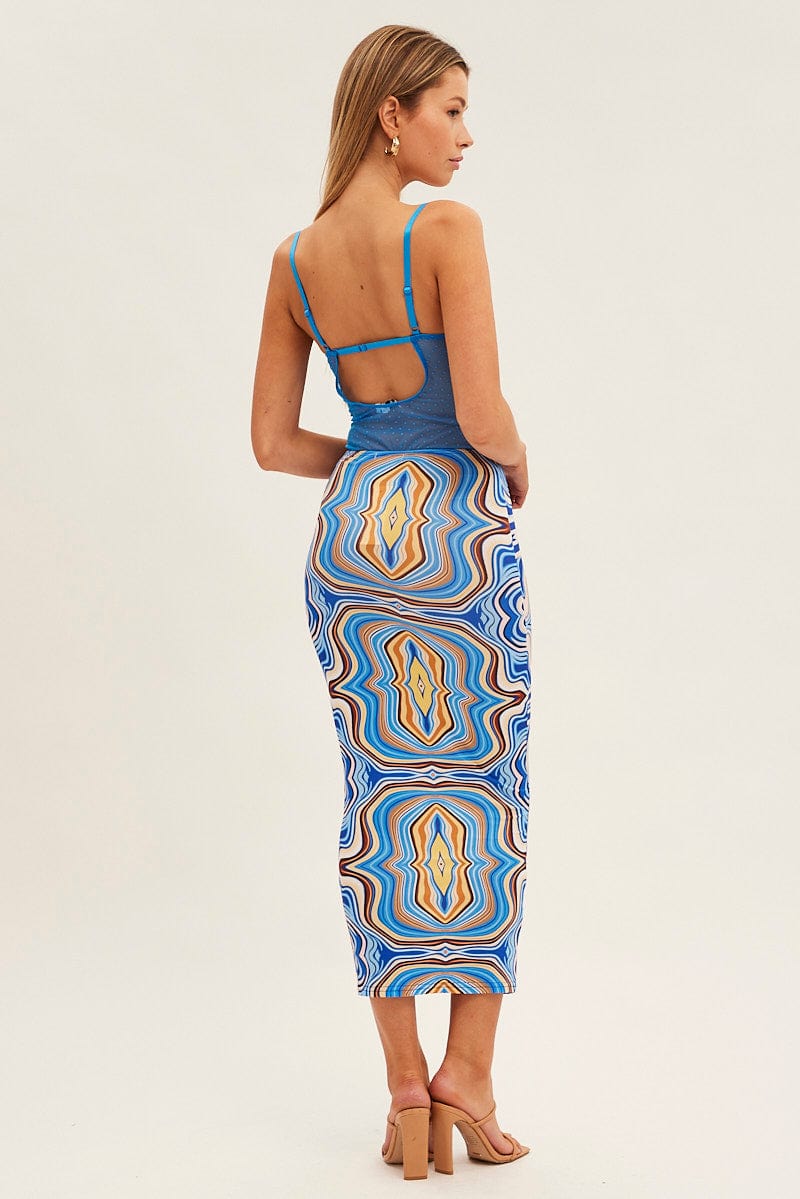 Blue Abstract Abstract Midi Skirt for Ally Fashion