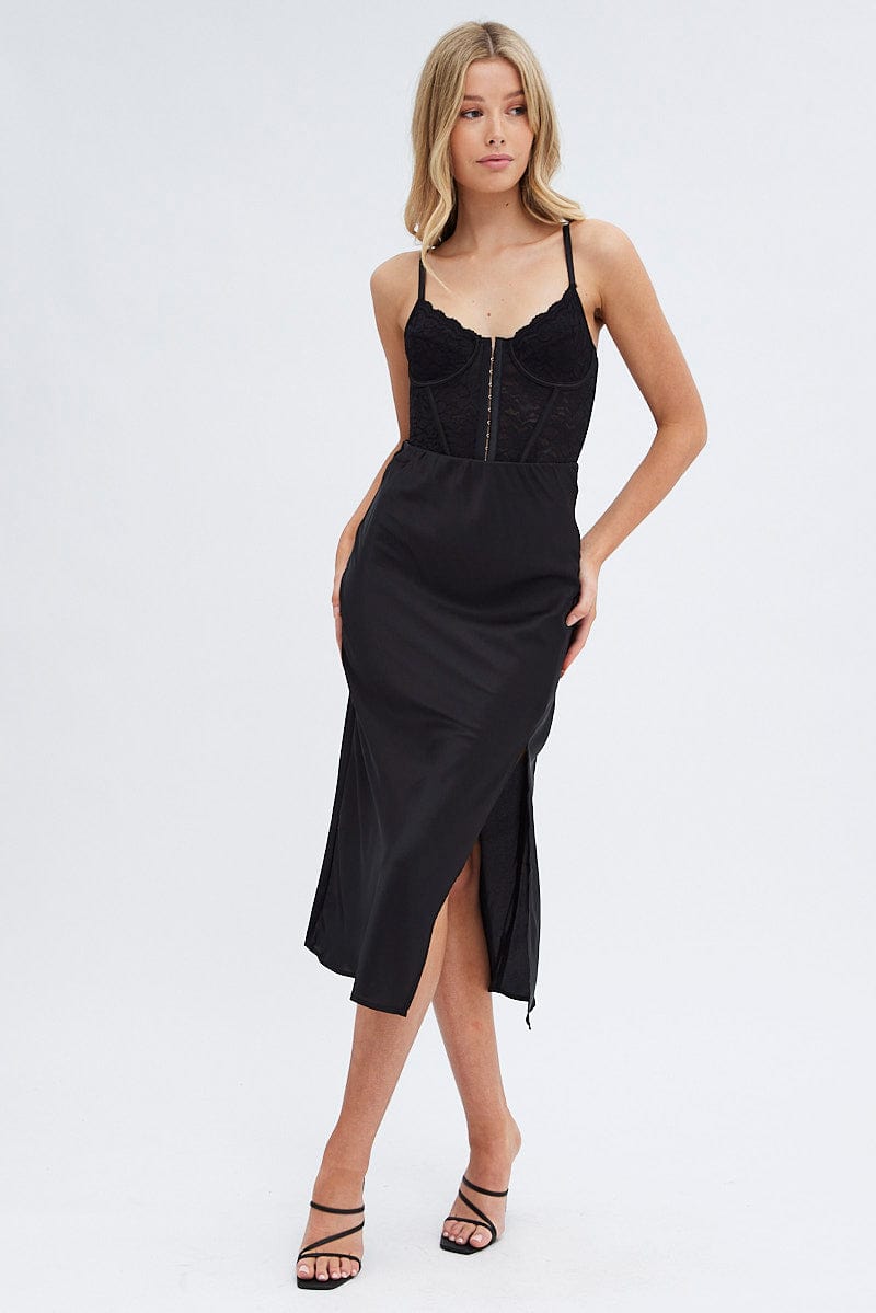 Black Slip Skirt Midi High Rise Satin for Ally Fashion