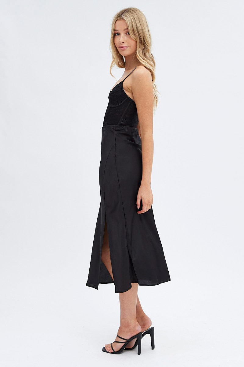 Black Slip Skirt Midi High Rise Satin for Ally Fashion