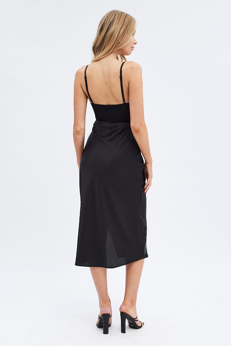 Black Slip Skirt Midi High Rise Satin for Ally Fashion