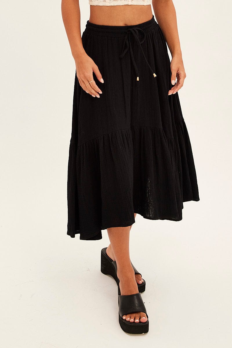 Black Asymmetrical Hem Tie Waist Midi Skirt for Ally Fashion