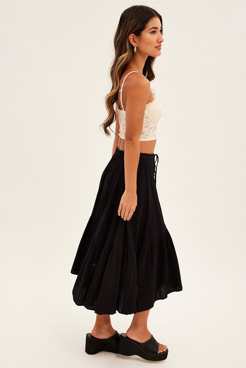 Black Asymmetrical Hem Tie Waist Midi Skirt for Ally Fashion