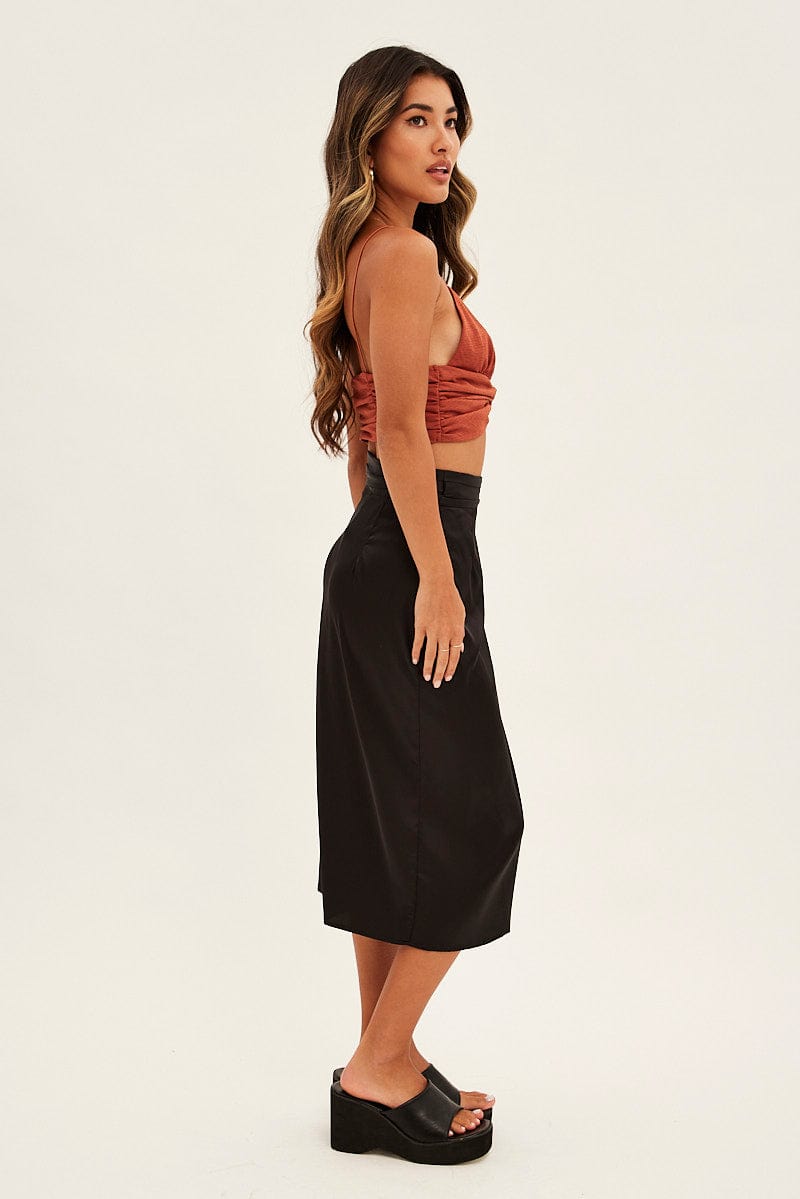 Black Tie Front Satin Midi Skirt for Ally Fashion