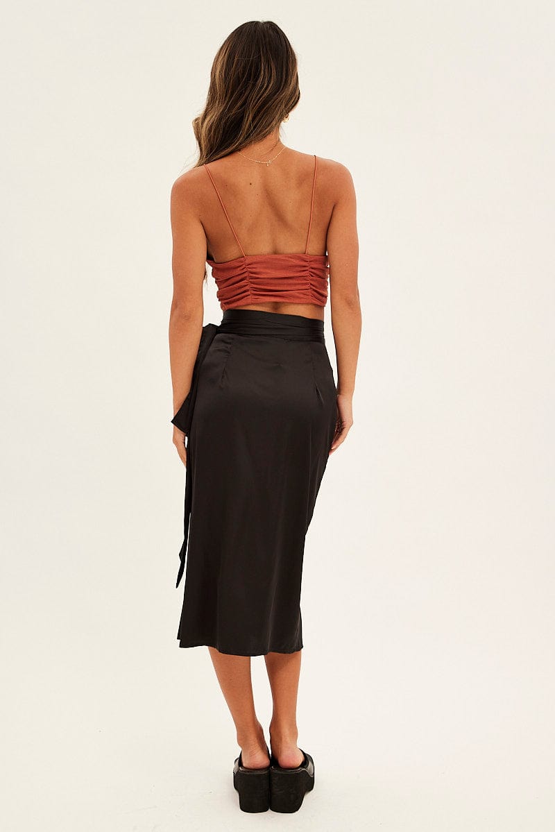 Black Tie Front Satin Midi Skirt for Ally Fashion
