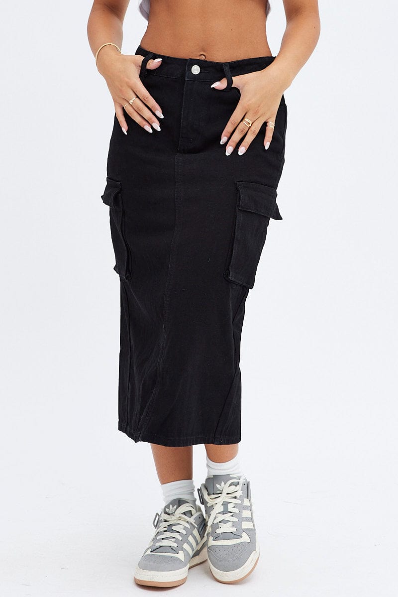 Black Denim Skirt Cargo Midi for Ally Fashion