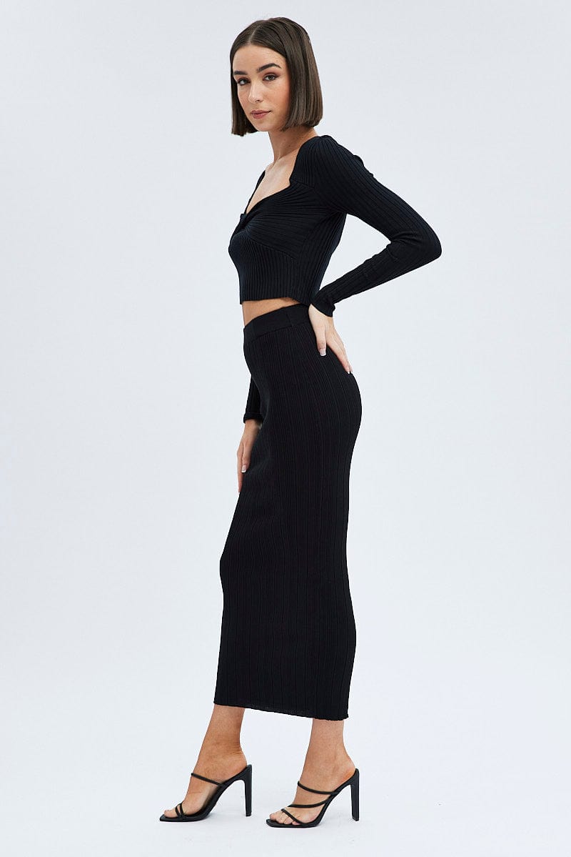 Black Knit Skirt High Rise Maxi for Ally Fashion