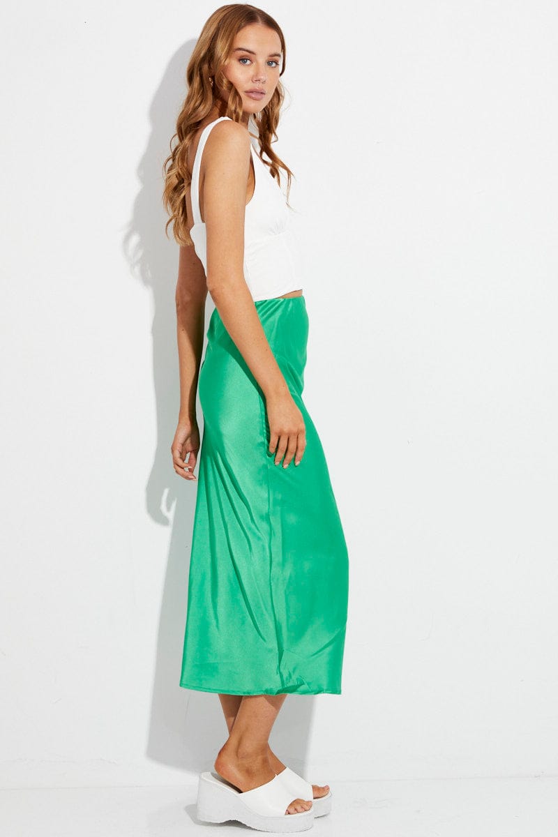 Green Slip Skirt Midi High Rise Satin for Ally Fashion