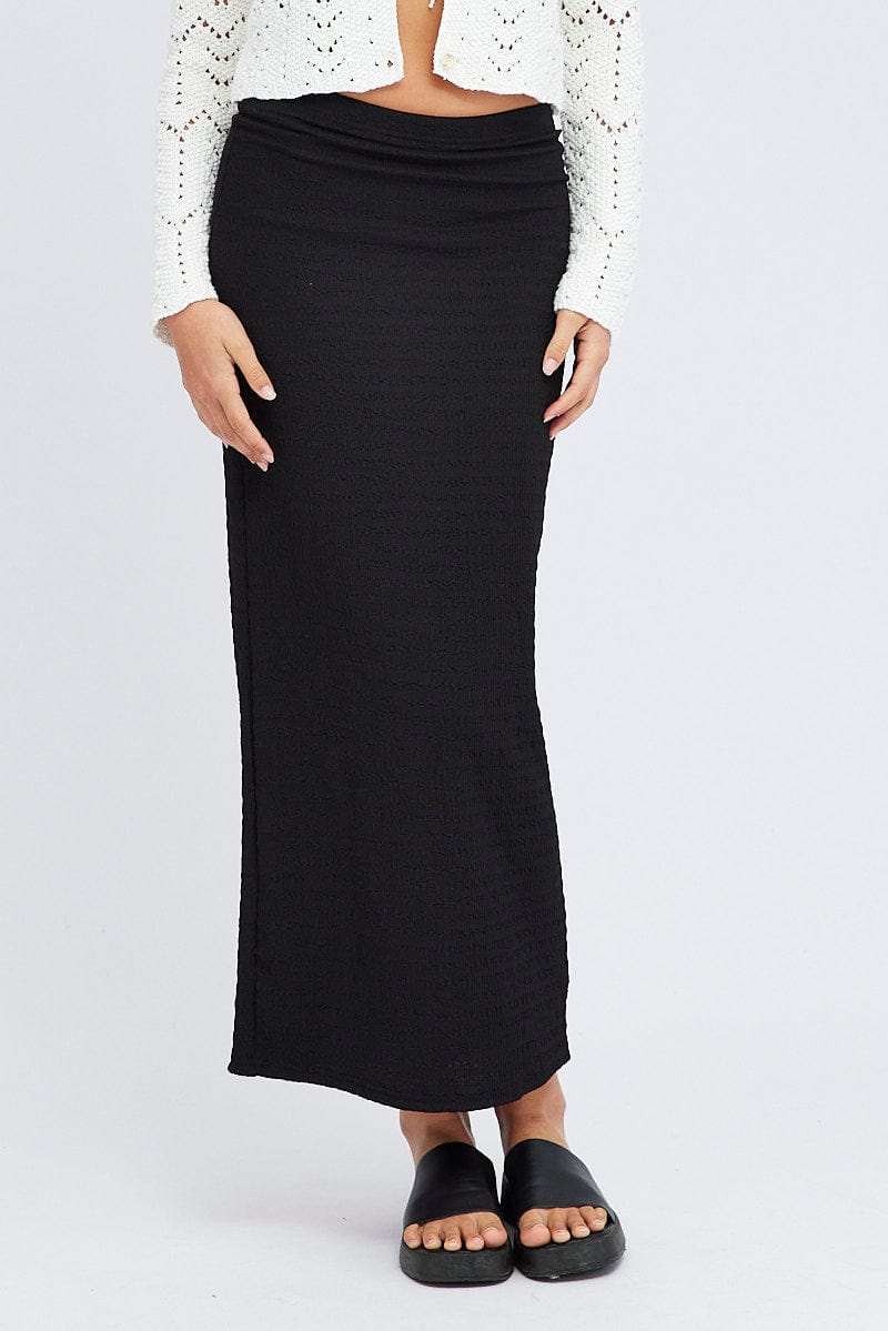 Black Midi Skirt High Rise Textured Jersey for Ally Fashion