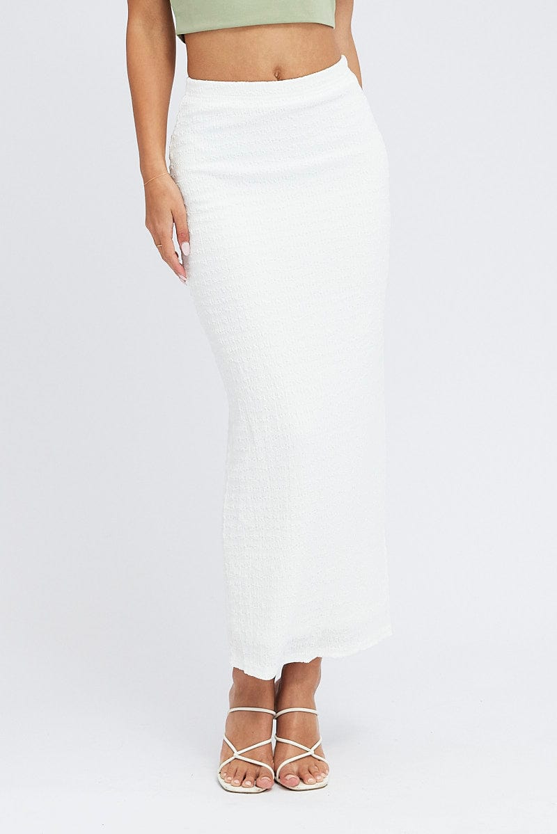 White Midi Skirt High Rise Textured Jersey for Ally Fashion