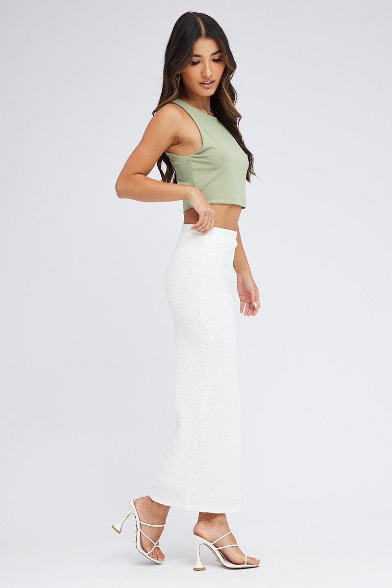 White Midi Skirt High Rise Textured Jersey for Ally Fashion