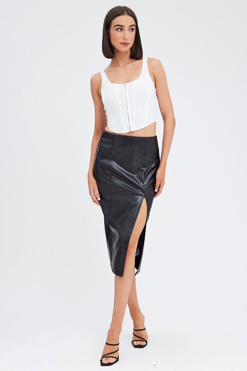 High Waisted Faux Leather Front Slit Midi Skirt