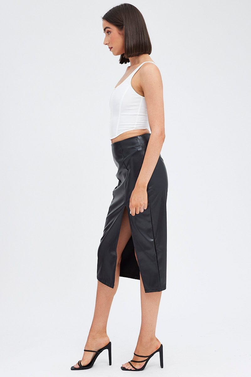 Black Midi Skirt Front Split Faux Leather for Ally Fashion