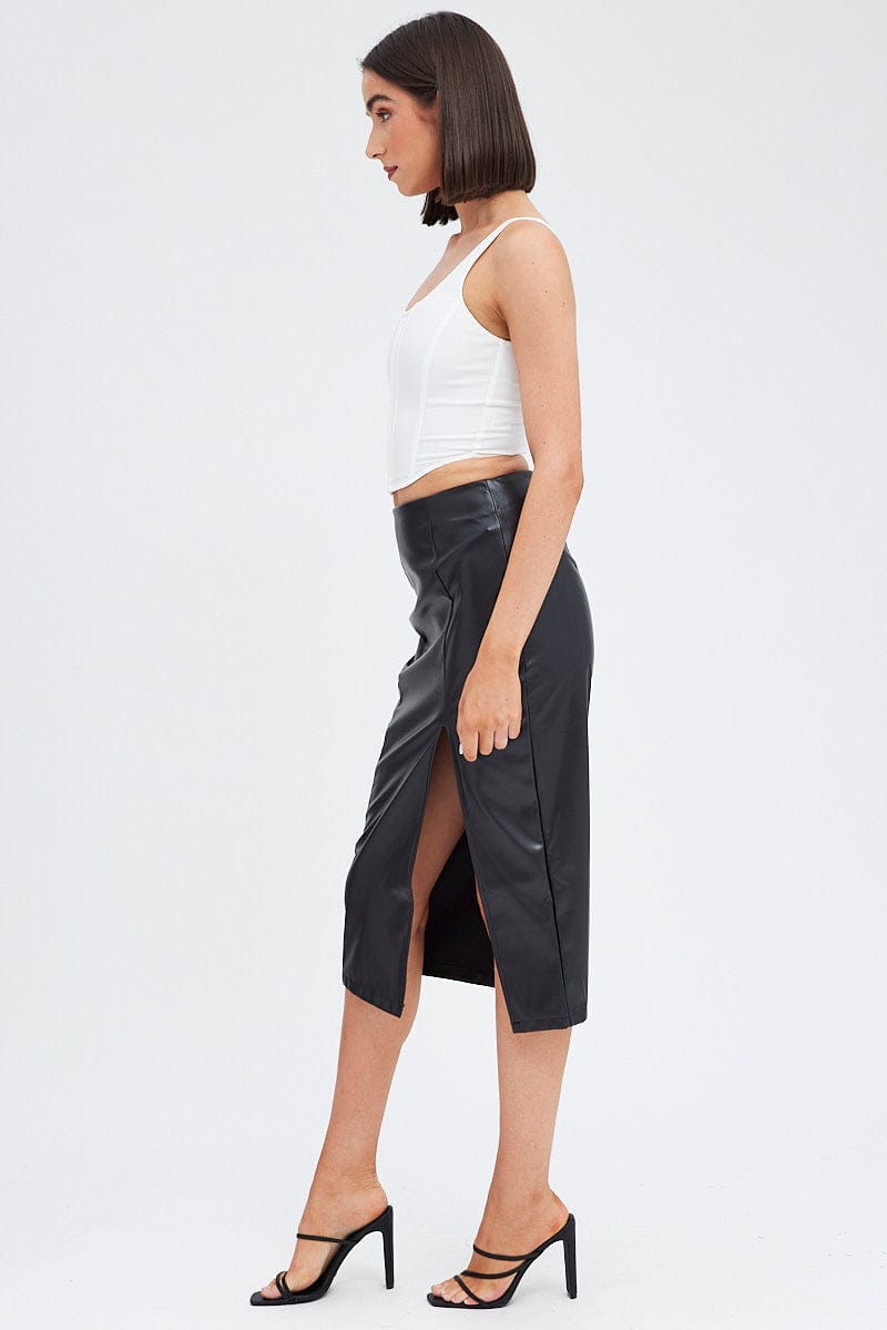 Black Midi Skirt Front Split Faux Leather | Ally Fashion