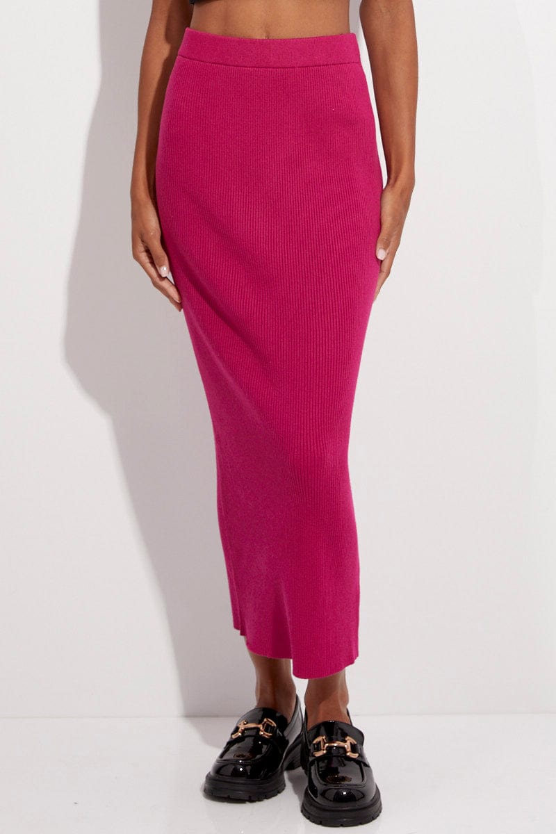 Pink Knit Skirt Midi High Rise for Ally Fashion