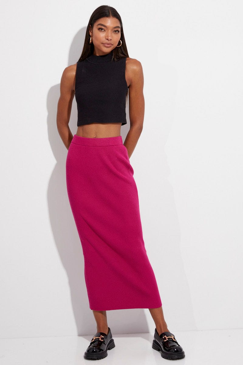 Pink Knit Skirt Midi High Rise Ally Fashion