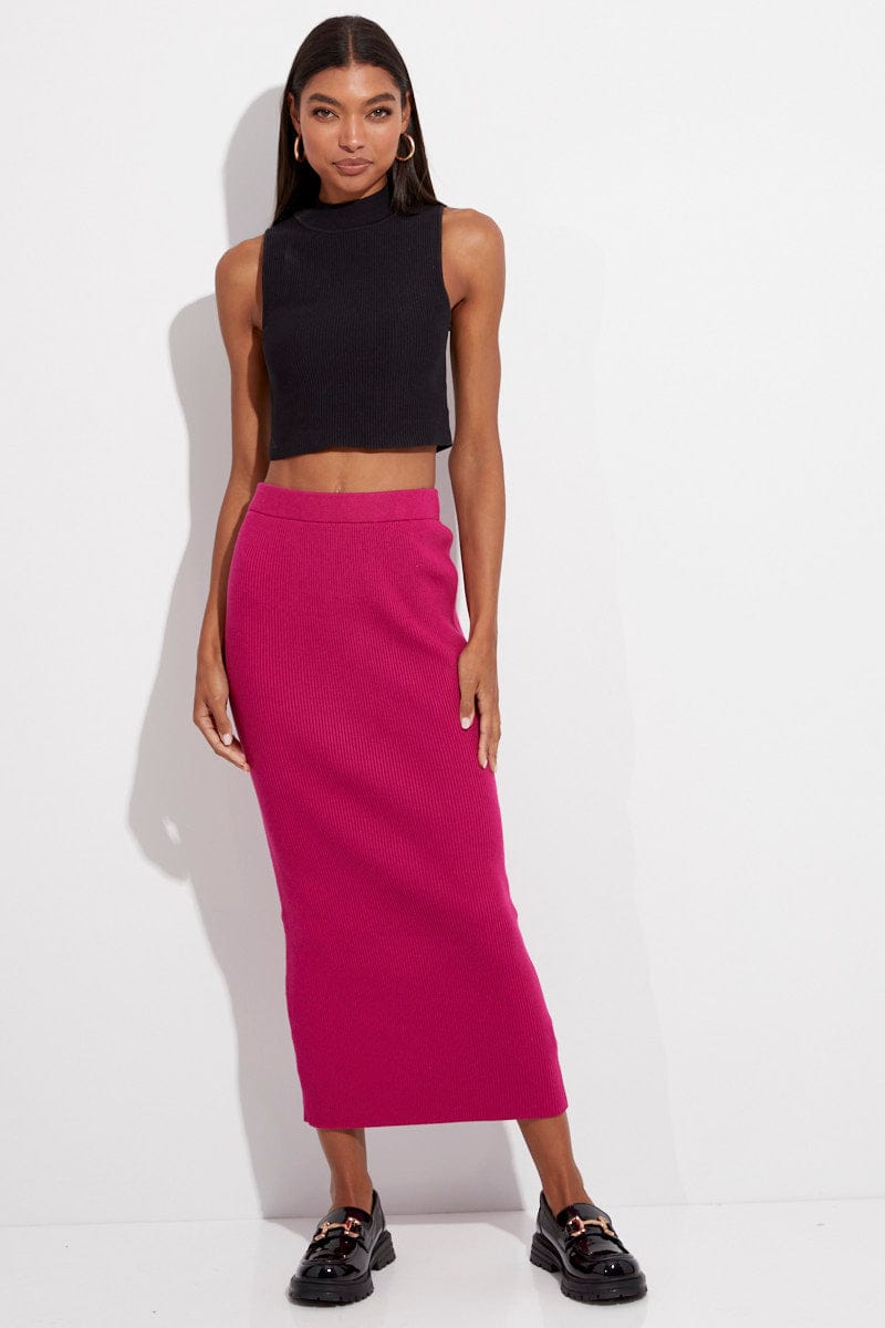 Pink Knit Skirt Midi High Rise for Ally Fashion