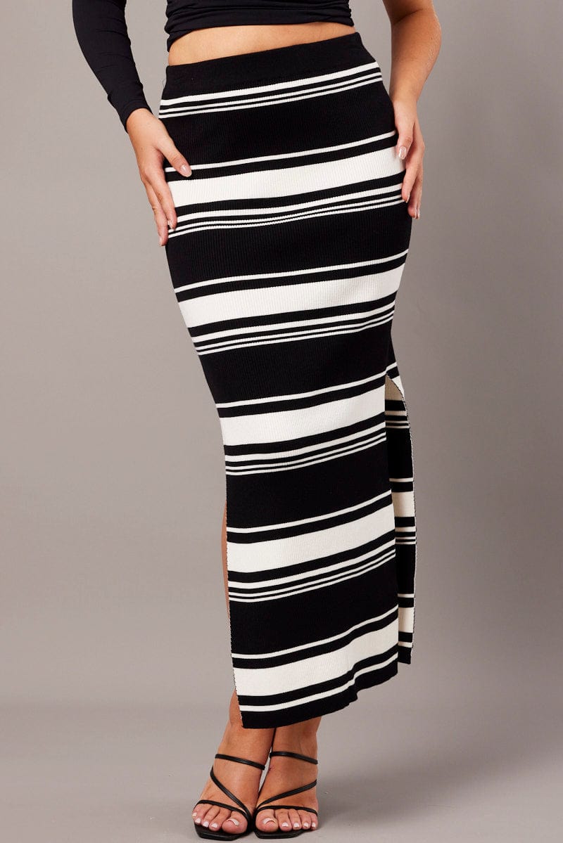 Black Stripe Knit Skirt High Rise for Ally Fashion
