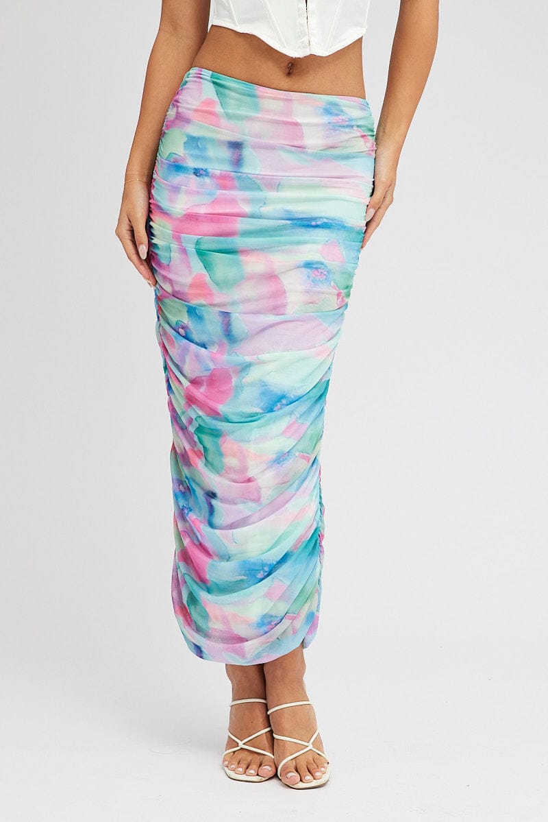 Multi Abstract Midi Skirt Side Ruched Mesh for Ally Fashion