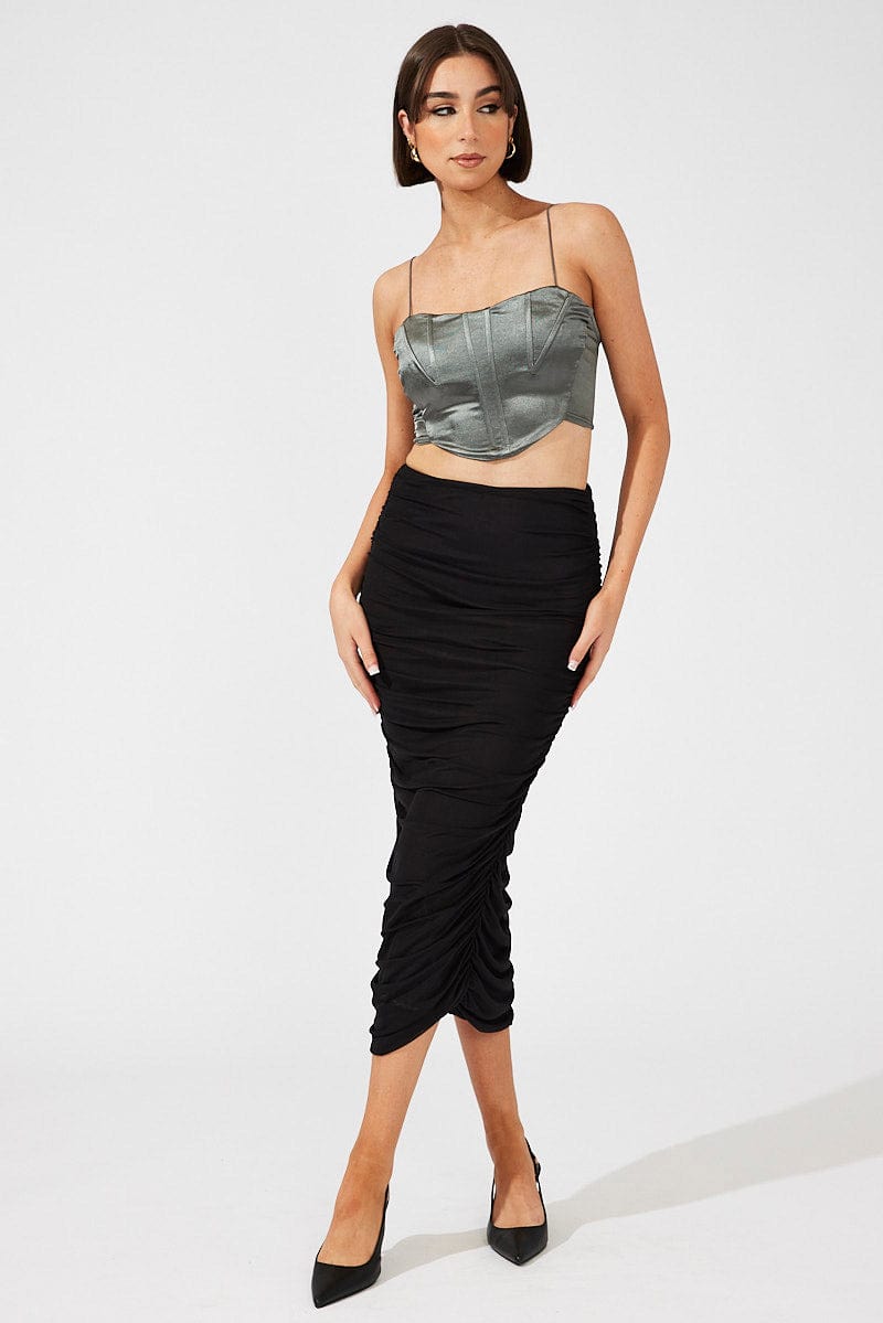 Black Abstract Midi Skirt Side Ruched Mesh for Ally Fashion
