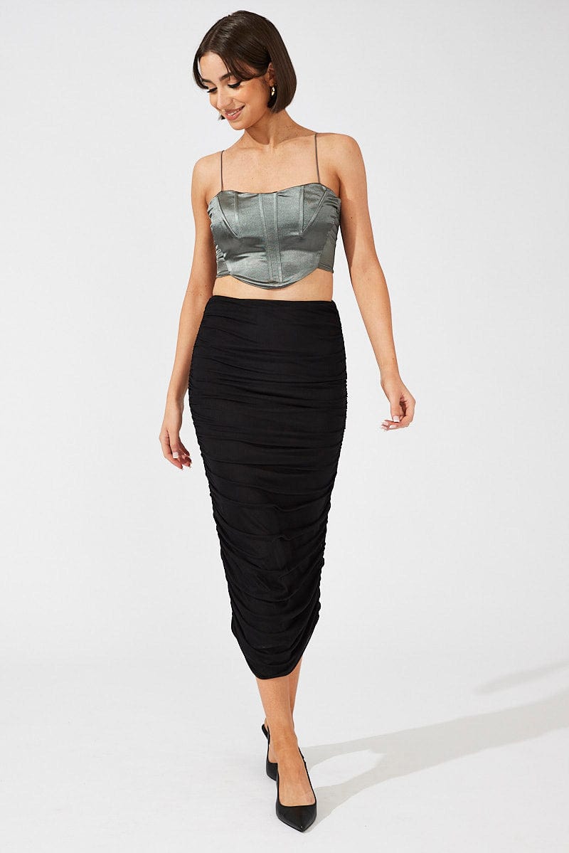 Black Abstract Midi Skirt Side Ruched Mesh for Ally Fashion