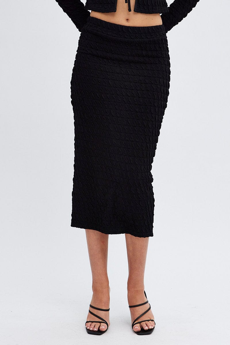 Black Midi Skirt Slim Fit Bubble Textured for Ally Fashion