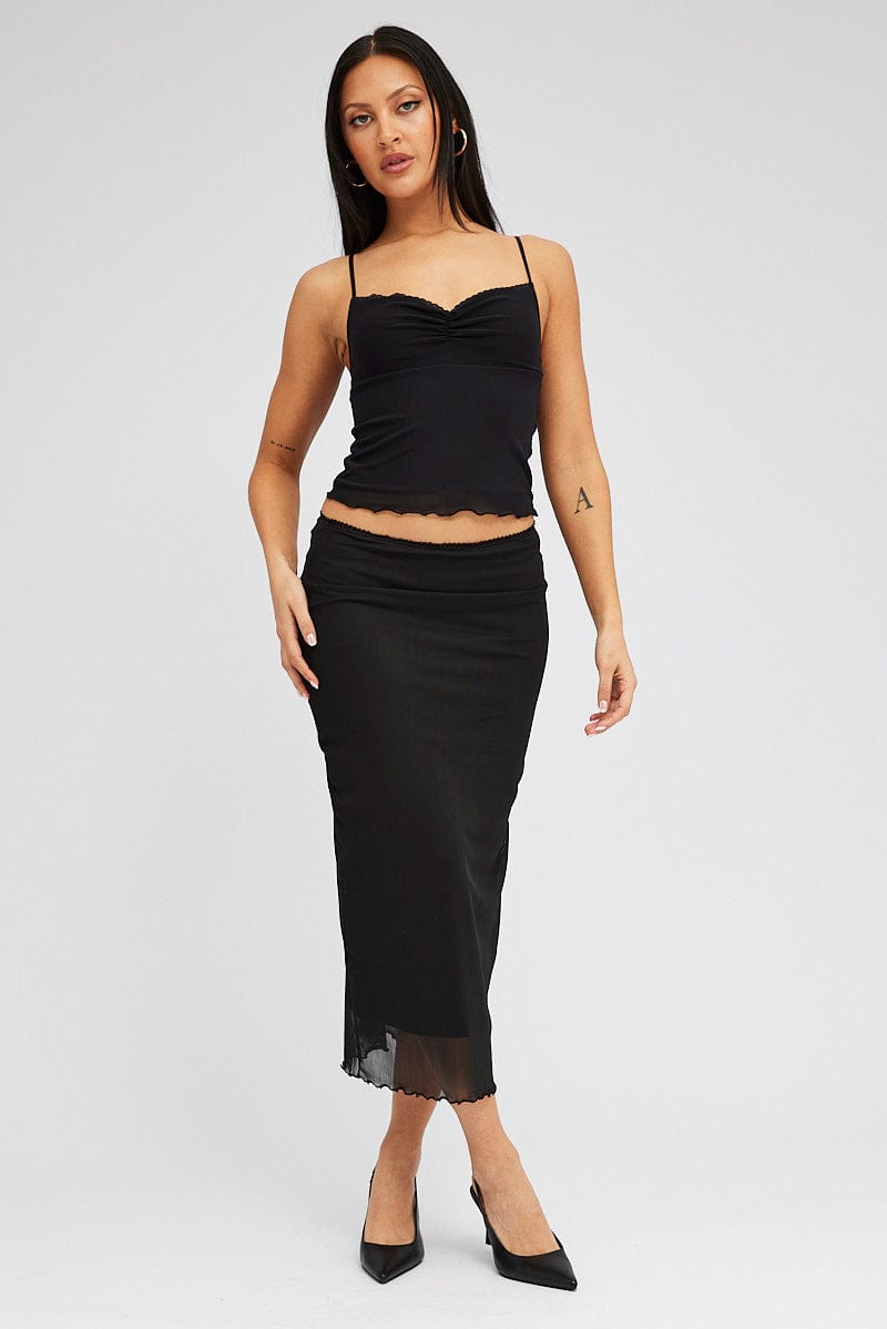 Black Midi Skirt High Rise Mesh for Ally Fashion