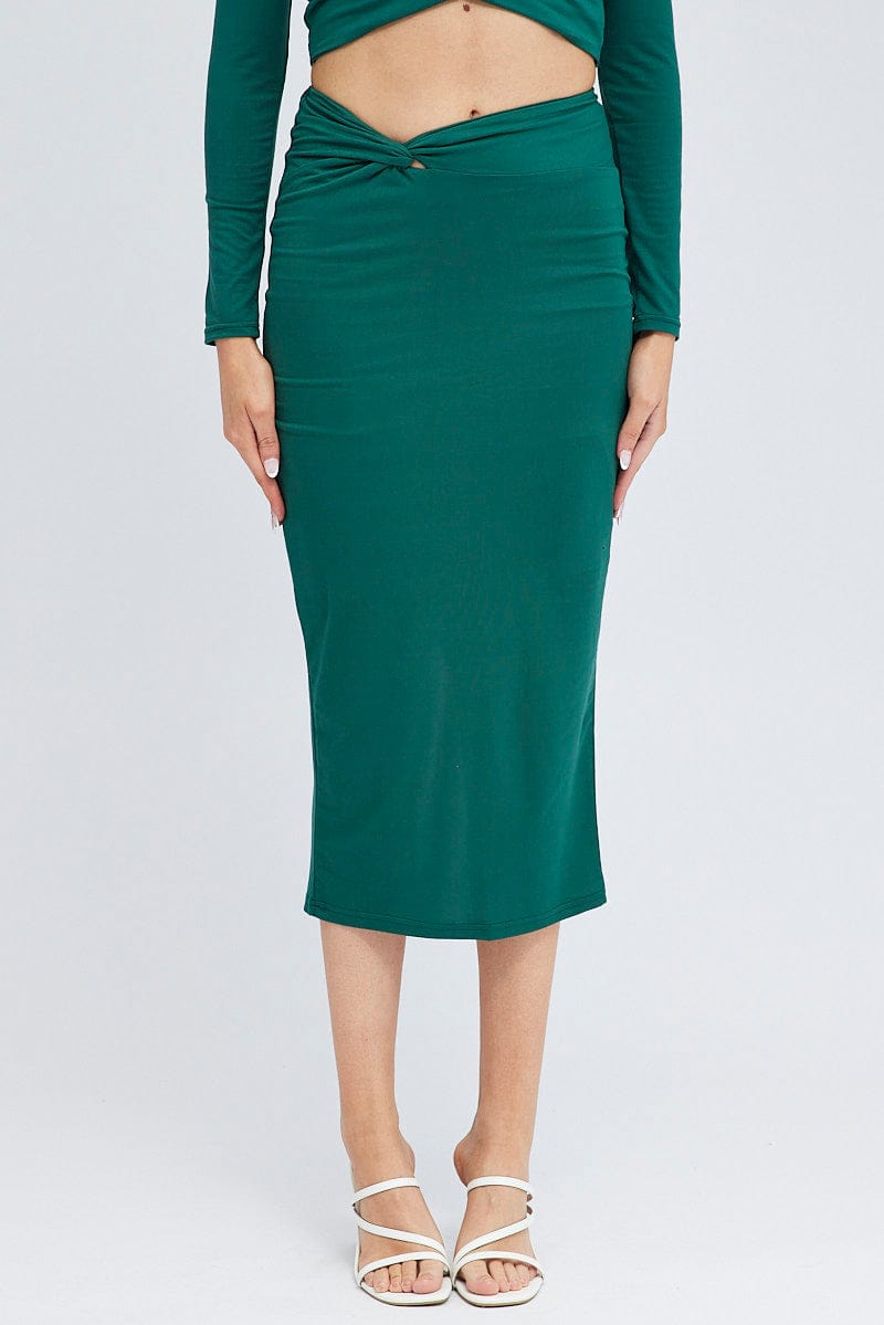 Green Midi Skirt Twisted Waist Double Layer for Ally Fashion