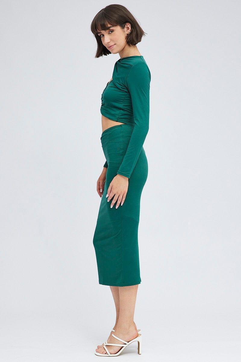 Green Midi Skirt Twisted Waist Double Layer for Ally Fashion