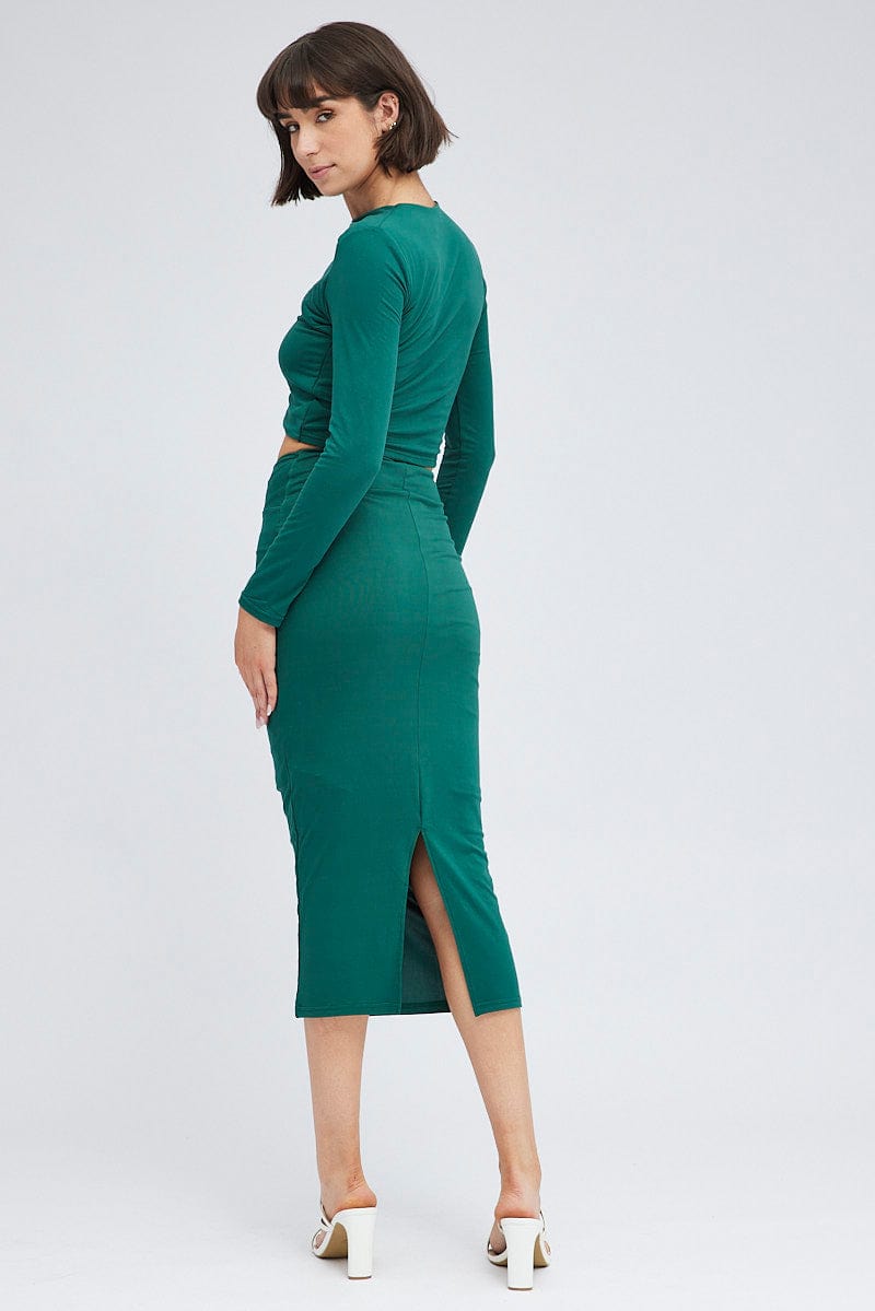 Green Midi Skirt Twisted Waist Double Layer for Ally Fashion