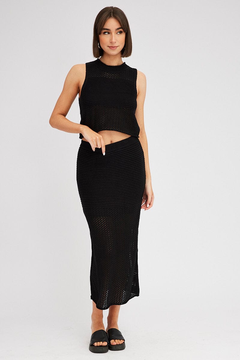 Black Knit Skirt Midi Crochet for Ally Fashion