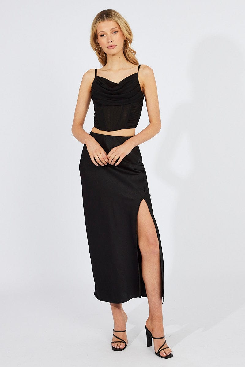 Black Slip Skirt Front Split Satin for Ally Fashion