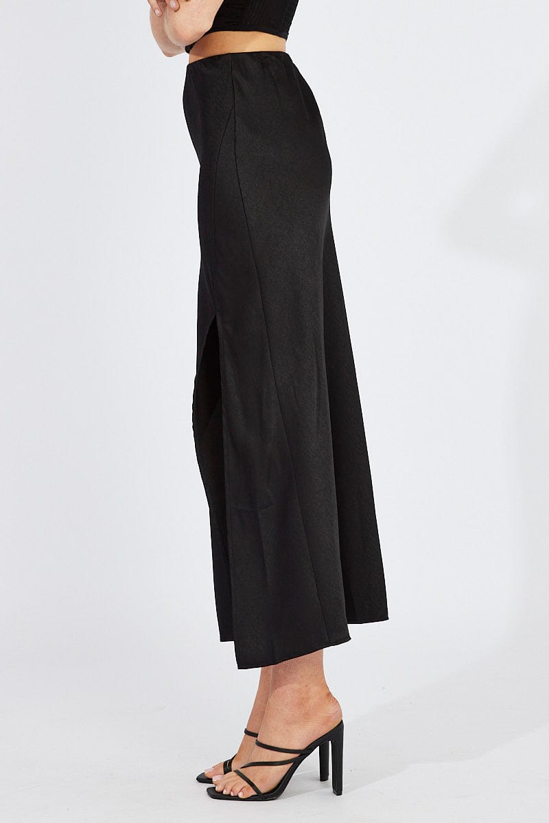 Black Slip Skirt Front Split Satin for Ally Fashion