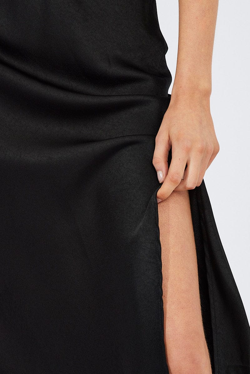 Black Slip Skirt Front Split Satin for Ally Fashion