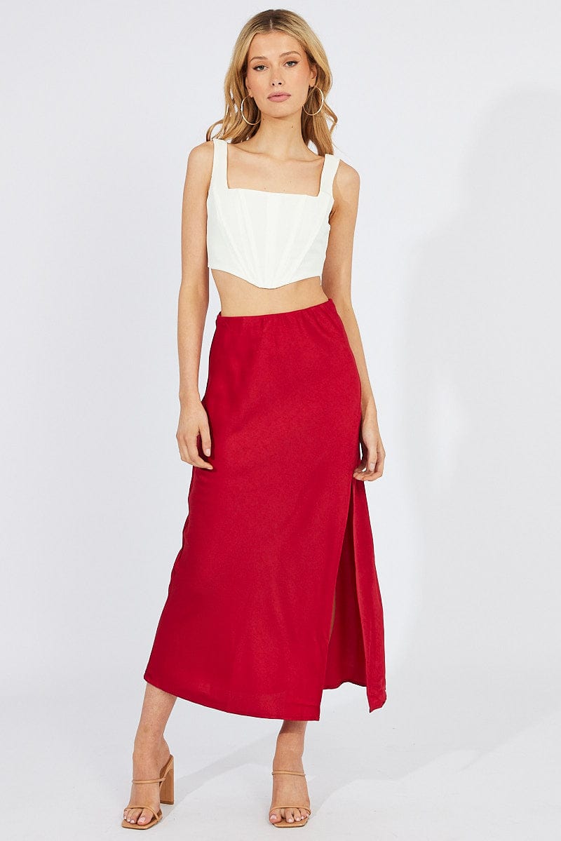 Red Slip Skirt Front Split Satin for Ally Fashion