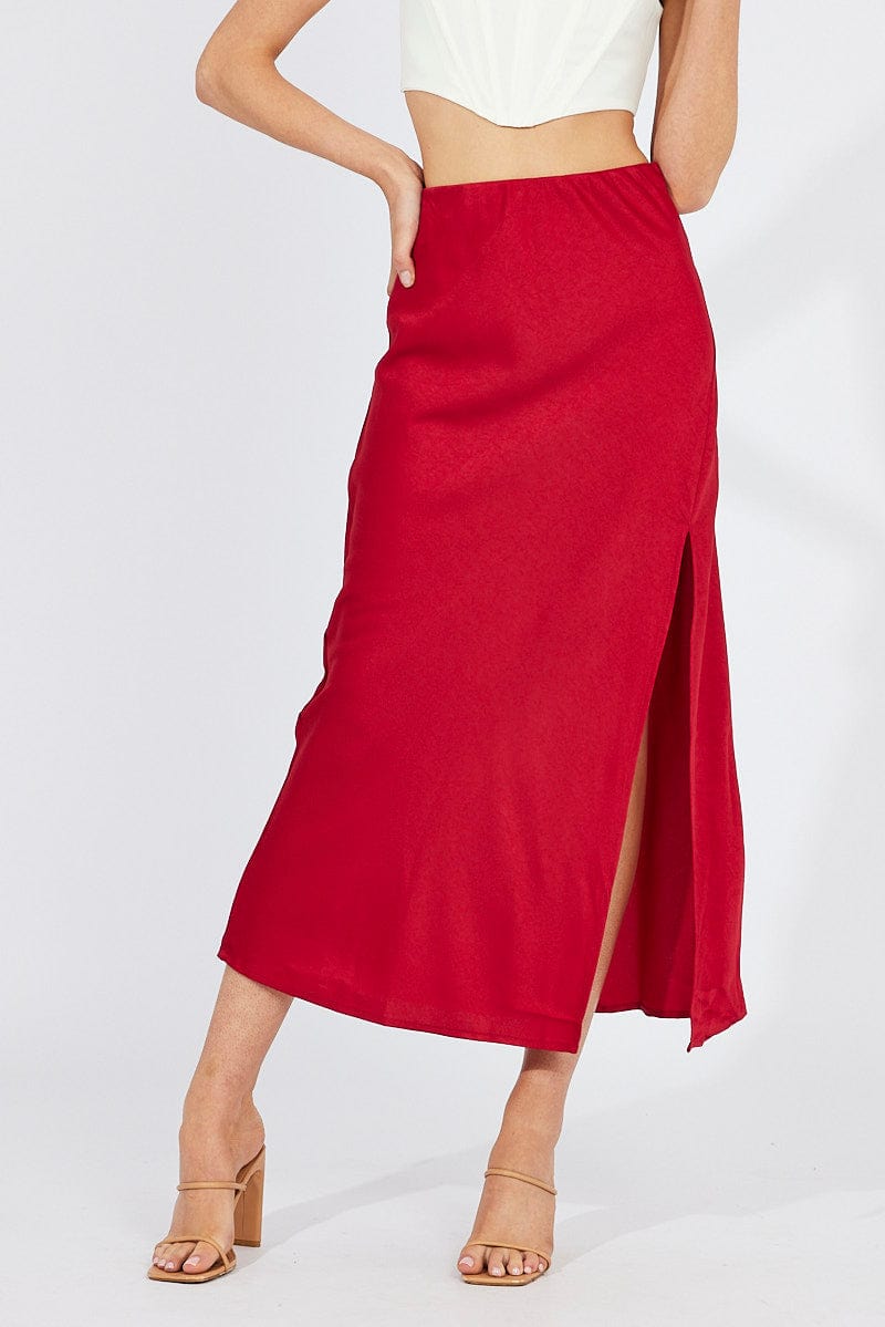 Red Slip Skirt Front Split Satin for Ally Fashion