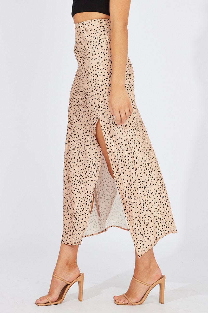 Beige Animal Print Slip Skirt Front Split Satin for Ally Fashion