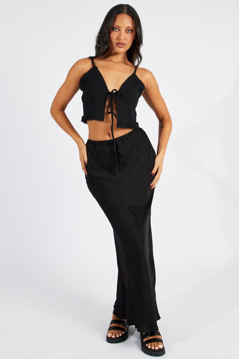 Black Drawstring Satin Maxi Skirt for Ally Fashion