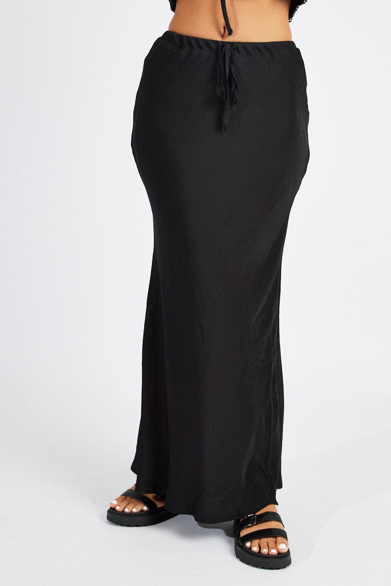 Black Drawstring Satin Maxi Skirt for Ally Fashion