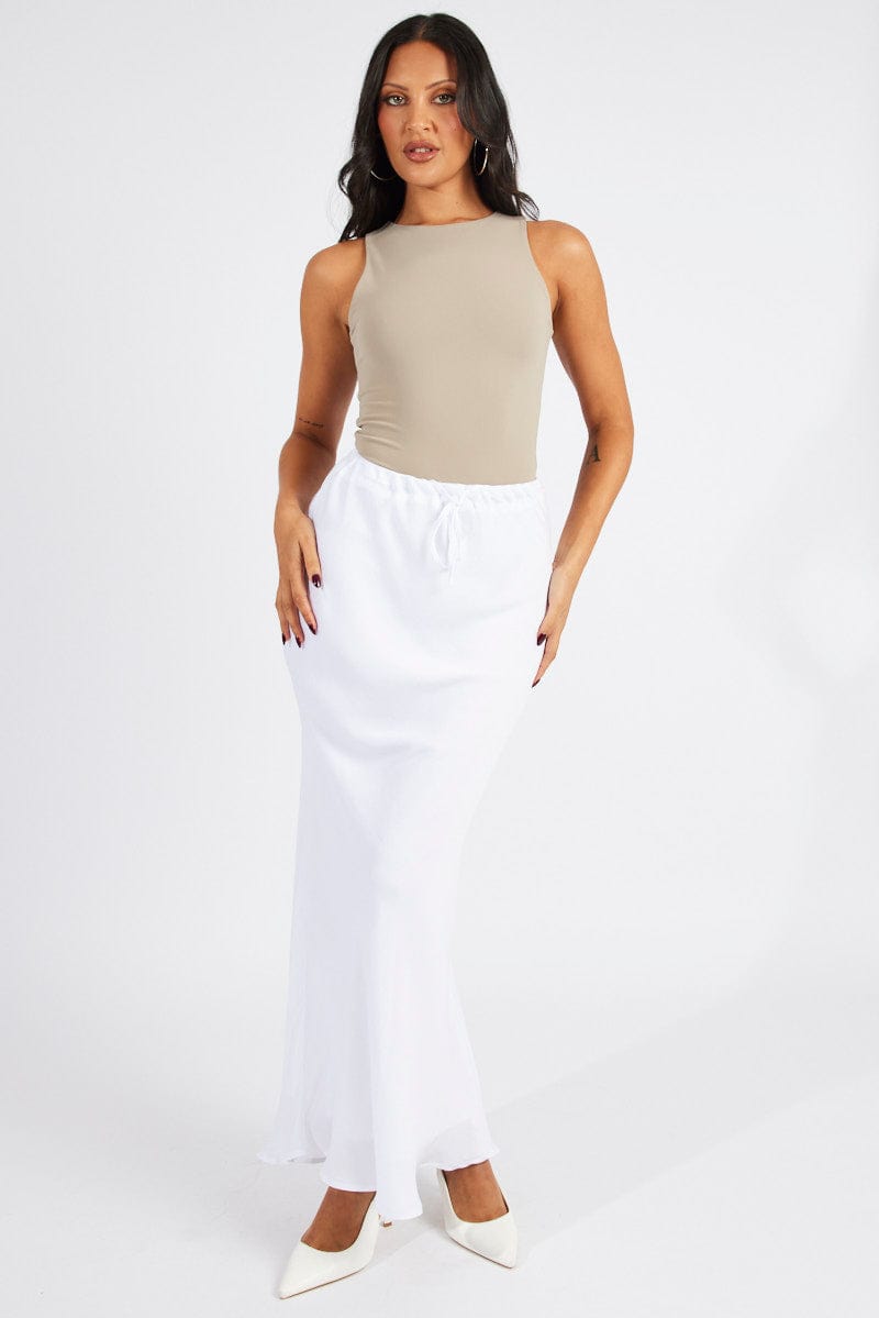White Drawstring Satin Maxi Skirt for Ally Fashion
