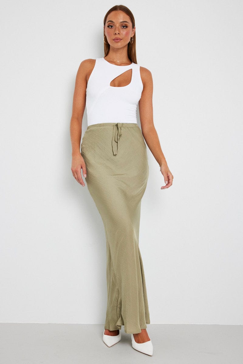 Green Drawstring Satin Maxi Skirt for Ally Fashion