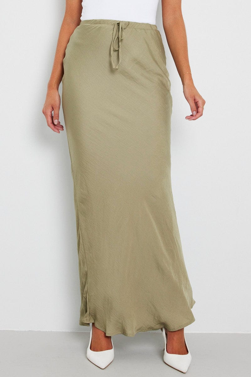 Green Drawstring Satin Maxi Skirt for Ally Fashion