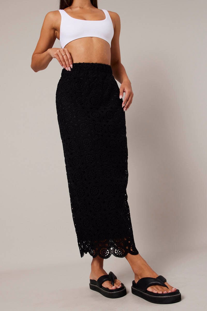 Black Midi Skirt High Rise Lace for Ally Fashion