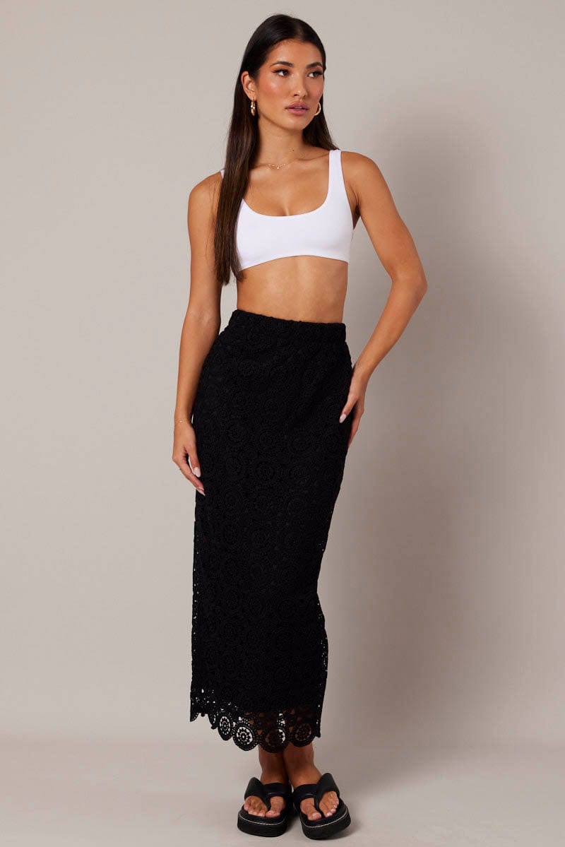 Black Midi Skirt High Rise Lace for Ally Fashion