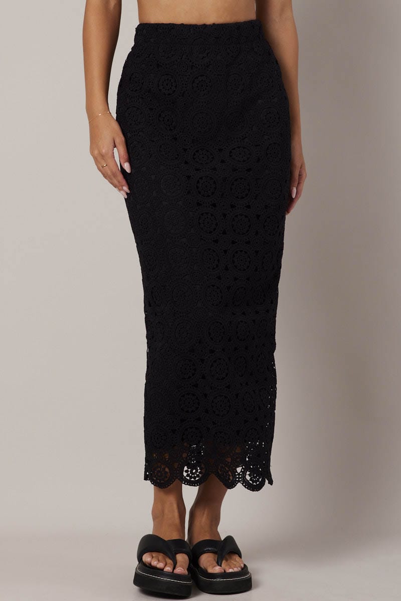 Black Midi Skirt High Rise Lace for Ally Fashion