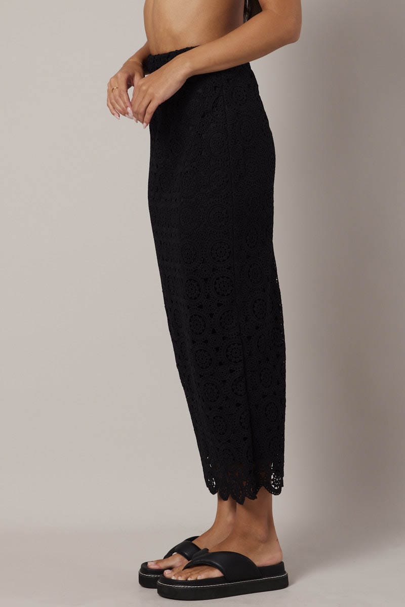 Black Midi Skirt High Rise Lace for Ally Fashion