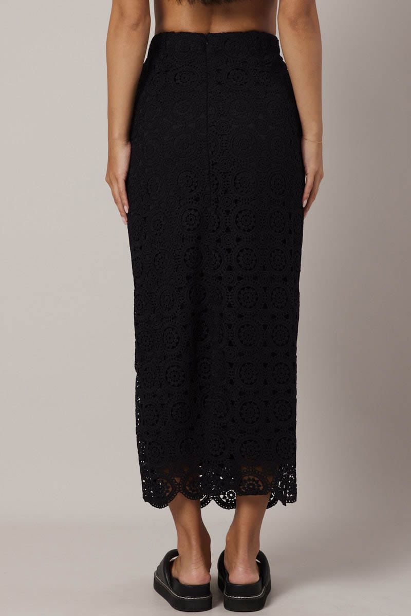 Black Midi Skirt High Rise Lace for Ally Fashion