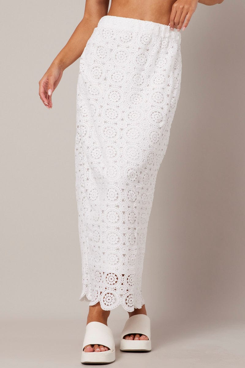White Midi Skirt High Rise Lace for Ally Fashion