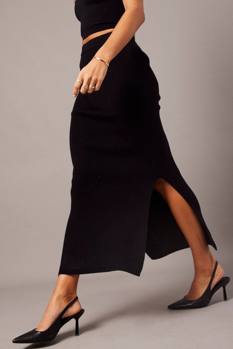 Black Knit Skirt Front Split High Rise for Ally Fashion
