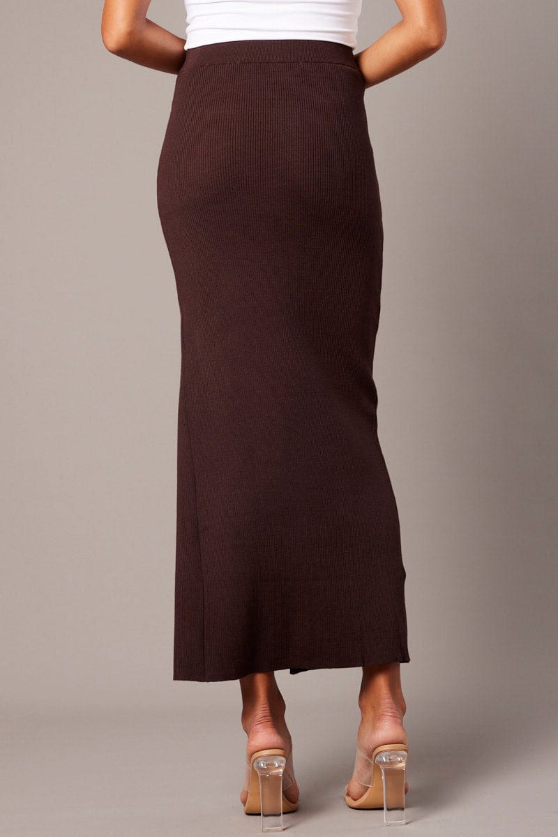 Brown Knit Skirt Front Split High Rise for Ally Fashion